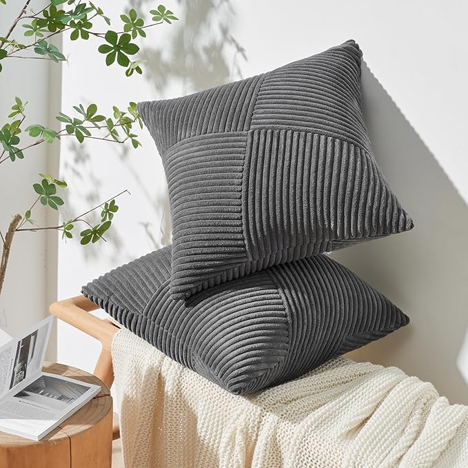 Topfinel Pillow Covers 16x16 Inch Set of 2 Decorative Darkgrey Soft Corduroy Boho Striped Throw Pillow Covers Patchwork Cushion Cases Cute Aesthetic Home Decor for Couch Sofa Bed
