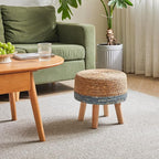 YMYNY Foot Stool Natural Seagrass Hand Weave, 12.6" Small Ottoman, Round Footrest for Living Room, Bedroom, Entryway, Change Shoes Stool, Non-Skid Wood Legs, Boho, Natural+Blue, UHBD027Q