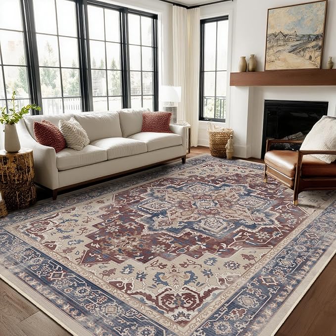 8x10 Maroon Blue Rugs for Living Room, Transitional Medallion Washable Large Rug for Bedroom Under Bed, Modern Vintage Distressed Low Pile Thin Soft Carpet Rugs for Dining Room Office