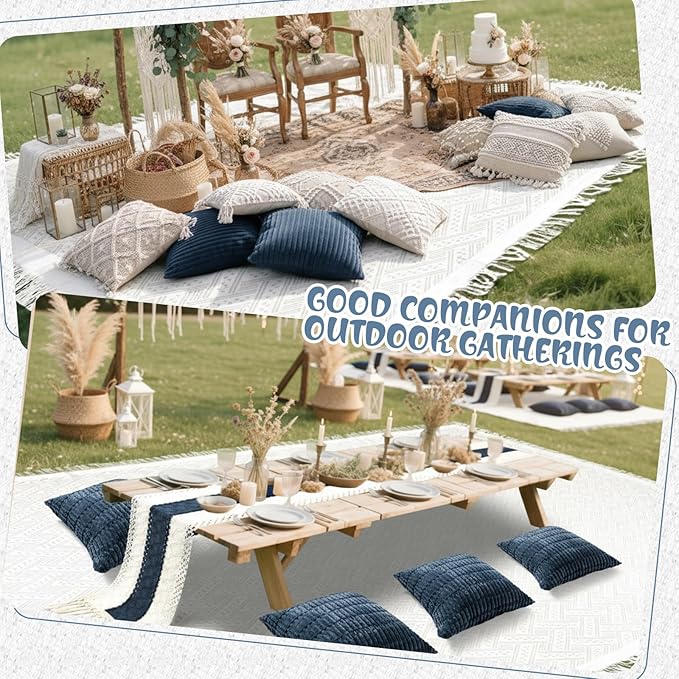 Extra Large Outdoor Boho Picnic Blanket 91'' x 71'' Blue Table Runner 6 Throw Pillow Cover Woven Cotton Yarn Oversize Beach Blanket Washable for Picnic Camp Wedding