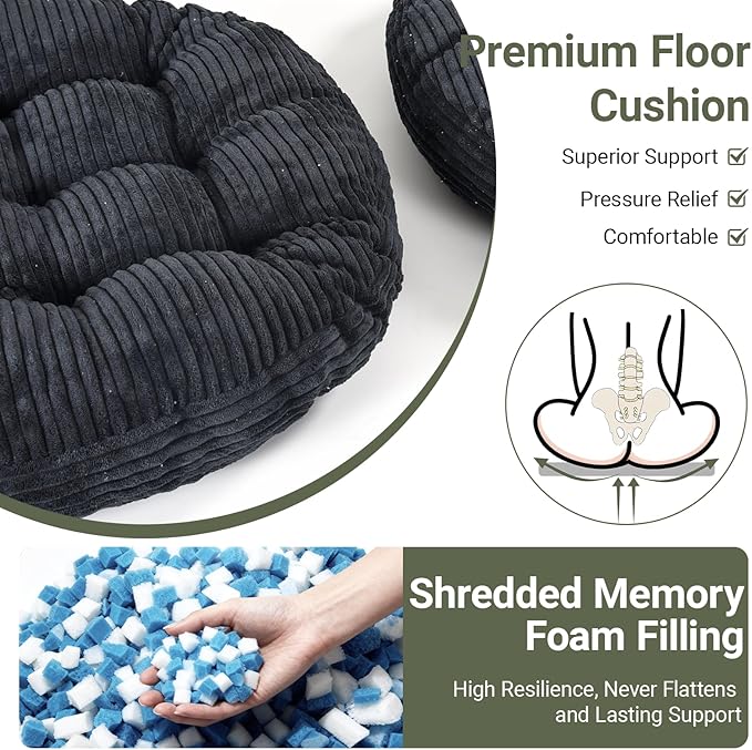 Large Floor Pillow for Adults, 22x22" Memory Foam Floor Cushion with Corduroy Cover, Square Floor Sitting Cushions for Meditation, Lounge,Seating for Yoga, Tatami Living Room (2, Round-Black)