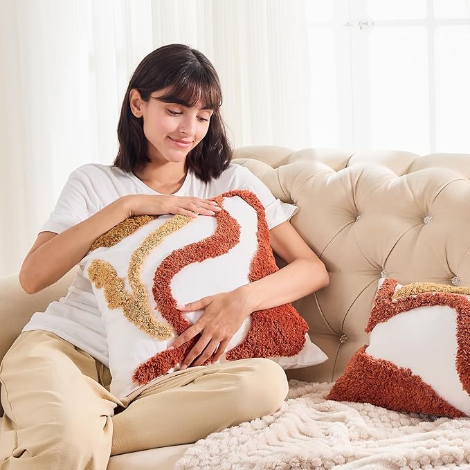 lifein 18x18 Pillow Covers-Throw Pillow Covers Boho Couch Pillows Embroidered Decorative Accent Pillows Mid Century Textured Pillowcases for Couch Sofa Living Room Bed Home Decor (Burnt Orange)