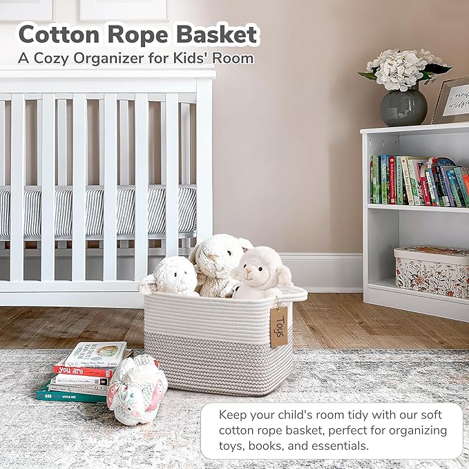 Goodpick Woven Storage Basket, Cotton Rope Baby Laundry Basket for Toy Storage, 13" x 10" x 9" Rectangle Stylish Gift Baskets with Handles, Decorative Clothes Organizer for Bedroom