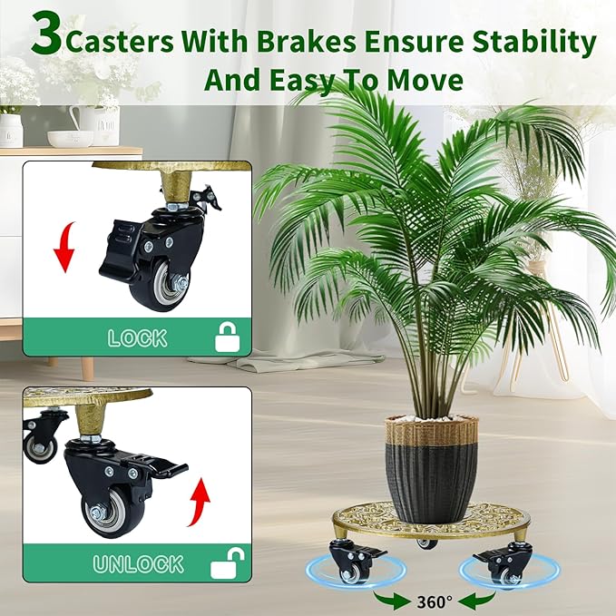 2 Pack 11 Inch Gold Metal Plant Caddy with Wheels, Round Rolling Plant Stand Heavy Duty Indoor Outdoor Planter Dolly, Plant Pot Mover for Large Flower Pots and Planters