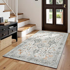 Lessymo 3x5 Washable Area Rugs for Living Room Bedroom Ktichen, Soft Boho Indoor Rug Non Slip, Vintage Carpet Low Pile for Dorm Office Dining Room Kids Room Hallway Entryway Bedside, Grey/Brown
