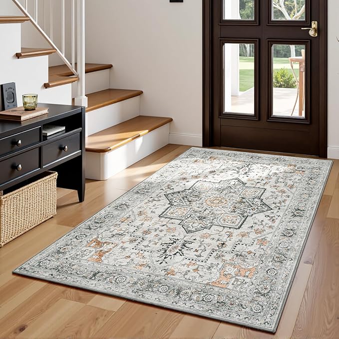 Lessymo 3x5 Washable Area Rugs for Living Room Bedroom Ktichen, Soft Boho Indoor Rug Non Slip, Vintage Carpet Low Pile for Dorm Office Dining Room Kids Room Hallway Entryway Bedside, Grey/Brown
