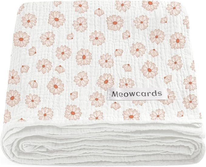 meowcards Muslin Swaddle Blankets for Baby, Unisex Baby Boys Girls Essentials, Large 47 x 47 inches, Boho Receiving Blankets Newborn Registry Must Haves (Flower-A, Simple)