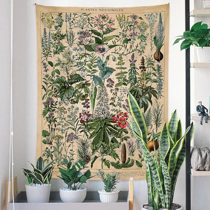 Vintage Flowers Tapestry 48”x36”, Long Vertical Wall Hanging Reference Illustrative Botanical Tapestries for Bedroom Aesthetic Floral Tapistry Botanical Plants Tapestry Wall Hanging Cute Bedroom Decor