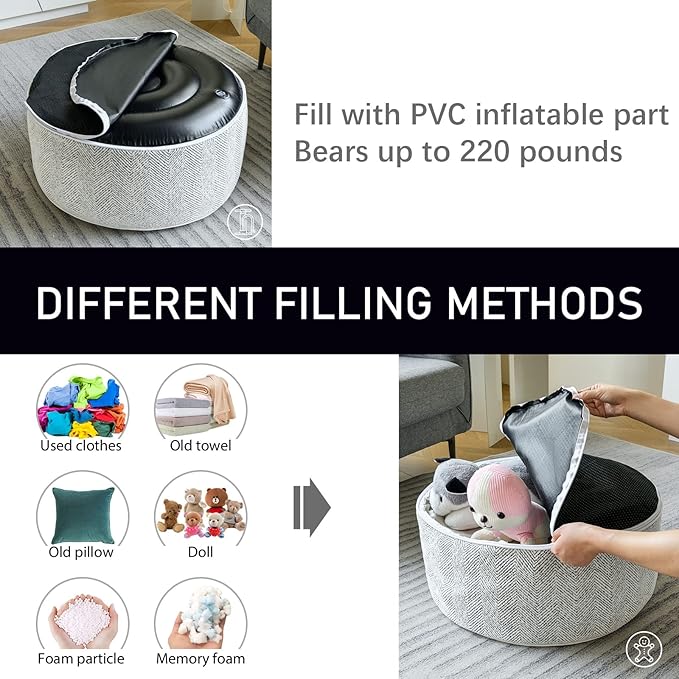 Inflatable Pouf Ottoman, 21x10 Inches Stuffed Chenille Ottoman with Inflatable PVC Liner, Foot Rest with Portable Handle, Round Floor Pillow for Living Room, Bedroom, Kids Room