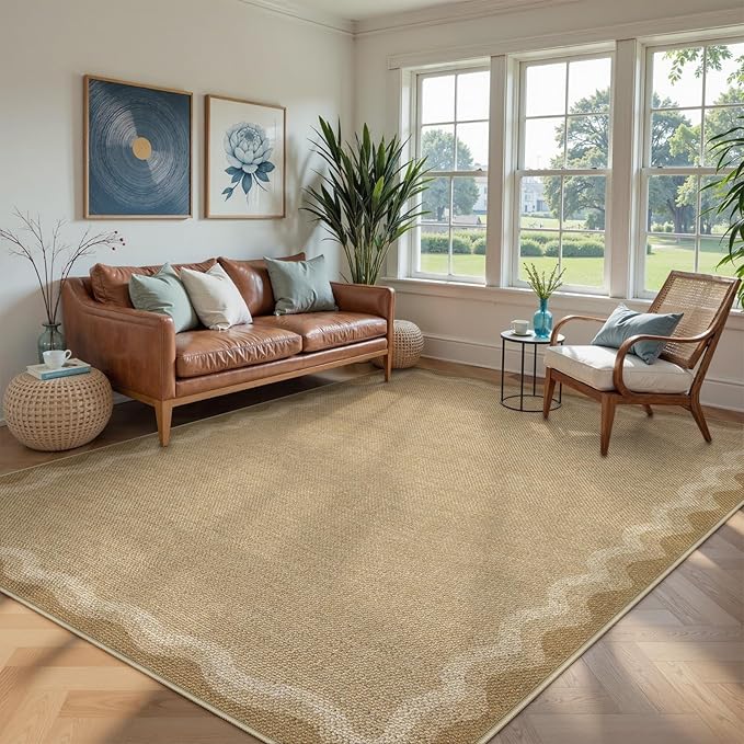 LIVEBOX Scalloped Washable 8x10 Rug, Easy Jute Tan Rug for Living Room, Indoor Outdoor Rugs Bedroom, Geometric Farmhouse Non Slip Dining Room Mat Modern Carpet Area Rug for Patio Home Office Decor