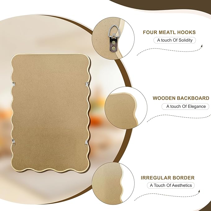 Wavy Mirror for Wall, 36"x24" Boho Bathroom Floor Vanity Mirror with Wooden Frame, for Bedroom, Living Room, Entryway, Farmhouse
