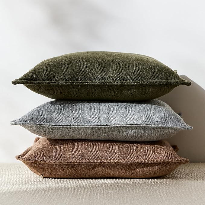 18x18 Linen Pillow Covers Olive Green Pack of 2 Farmhouse Boho Neutral Accents Striped Textured Square Decorative Throw Pillow Cases for Living Room Couch Bed Home Decor