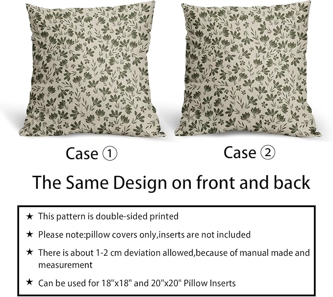 Olive Green Floral Pillow Covers 24x24 Set of 2 Vintage Rustic Old Style Cute Small Flower Green Cream Print Decorative Outdoor Pillowcases Farmhouse Throw Cushion Case Decor for Couch Sofa Bed