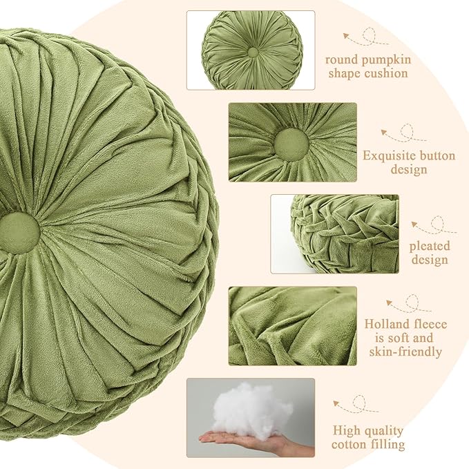 Round Throw Pillows Decorative Pleated Throw Pillows 15'' Diameter Accent Pumpkin Boho Chair Cushion for Couch Sofa Home Decoration(Olive Green,2 Pcs)