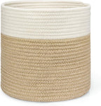 Dahey Jute Spliced Cotton Rope Plant Basket Modern Woven Storage Basket for 10.5" Floor Indoor Planter, Decorative Flower Pots Cover Laundry Bin with Handle Rustic Home Decor, White and Beige
