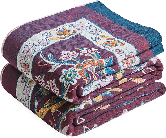 Boho Throw Blanket - 100% Cotton Ultra Soft Muslin Blanket, 60"x80" Lightweight Framhouse Bedding Spring Blanket for Bed, All Season Blue and Purple Floral Bohemian Bedroom Home Decor Quilt