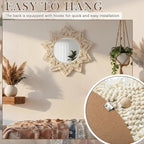 24" Boho Mirror Wall Decor Macrame Hanging Round Mirror with Wooden Beads Large Circle Sunburst Wall Decor for Bedroom Living Room Nursery Apartment Entryway Home Gift, Beige
