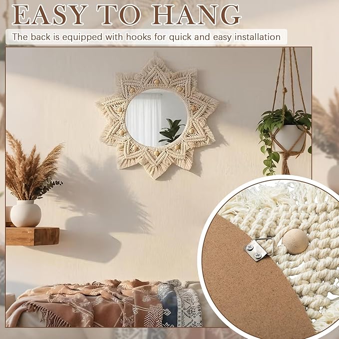 24" Boho Mirror Wall Decor Macrame Hanging Round Mirror with Wooden Beads Large Circle Sunburst Wall Decor for Bedroom Living Room Nursery Apartment Entryway Home Gift, Beige