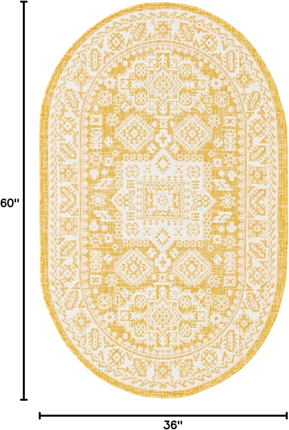 Rugs.com Outdoor Aztec Collection Rug – 3' x 5' Oval Yellow Flatweave Rug Perfect for Living Rooms, Large Dining Rooms, Open Floorplans