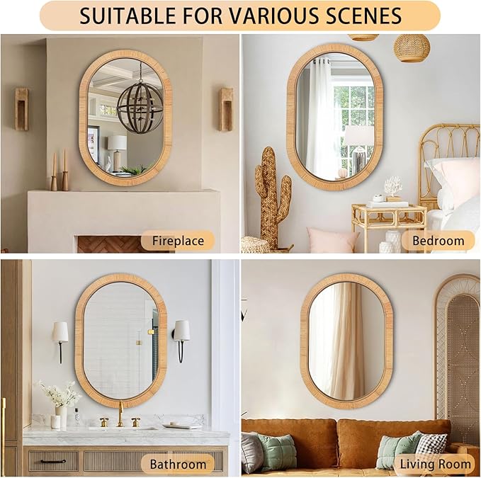 20x30 Oval Rattan Mirror for Wall, Boho Decorative Mirror for Bathroom Vanity, Farmhouse & Natural Home Decor for Bedroom, Living Room