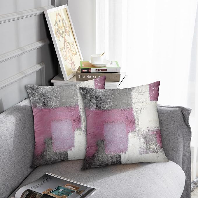 Emvency Set of 2 Pink Painting Throw Pillow Covers Contemporary Line Gray Abstract Modern Design Retro Decorative Pillow Case Home Decor Standard Square 18x18 Inch Cushion Pillowcase