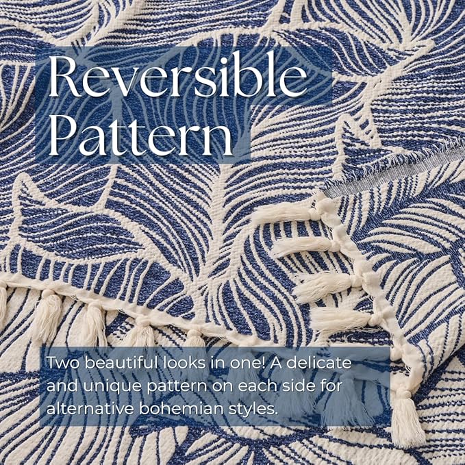 DOWN HOME Chenille Cotton Throw Blanket for Couch, Lightweight Boho Blanket for Bed Sofa Chair Living Room Outdoor Soft Woven Decorative Blanket with Tassel Gift Navy Leaves 60"x80"