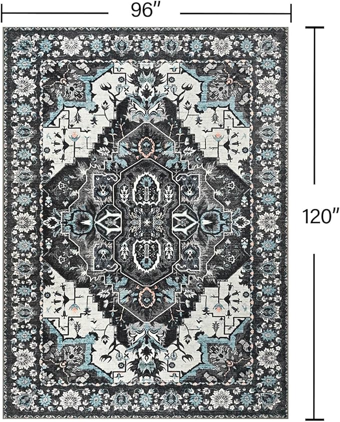 YJ.GWL Area Rugs for Living Room 8x10 Machine Washable Rugs, Non Slip Floral Vintage Rug Indoor Carpet, Stain Resistant Large Rug for Bedroom Dining Room, Black Grey Blue