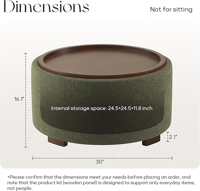 30 Inch Round Storage Ottoman Coffee Table, Modern Boucle Ottoman with Lift-Off Lid and Solid Wood Legs for Living Room, Bedroom, Corners, Apartments (Green)