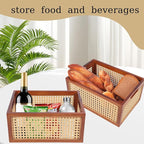 Wooden Storage Basket with Rattan Cane Webbing, Brown, Handles, Book, Office, Desktop Basket