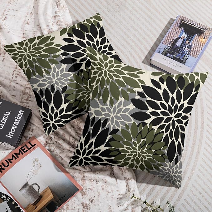 Black Olive Green Pillow Covers 20X20 Inch Set of 2, Spring Summer Floral Dahlia Flower Cream Decorative Throw Pillow Covers Outdoor Modern Farmhouse Cushion Case for Home Couch Sofa Bed Decor