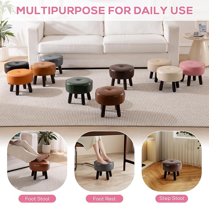 Small Foot Stool Round Pouf Ottoman, 13'' Leather Foot Rest with Non-Skid Rubber Legs, Foolstool Ottomans for Couch, Sofa Footrest Step Stool for Living Room Bedroom Entryway Office, Pink