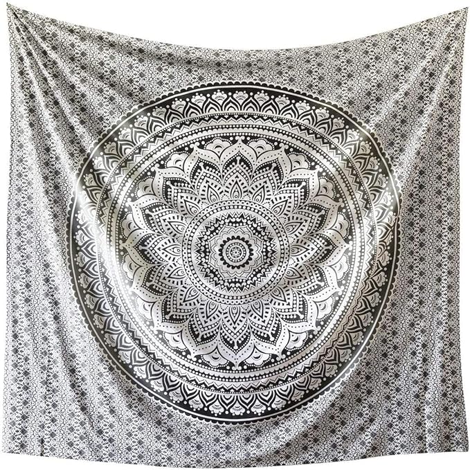 ANJANIYA Ombre Wall Hanging Bohemian Tapestry, Metallic Wall Art Bedspread, Psychedelic Hippie Mandala Dorm Décor for Hanging, Bedding, Beach Coverlet Curtain, Grey Black, 54"X60"
