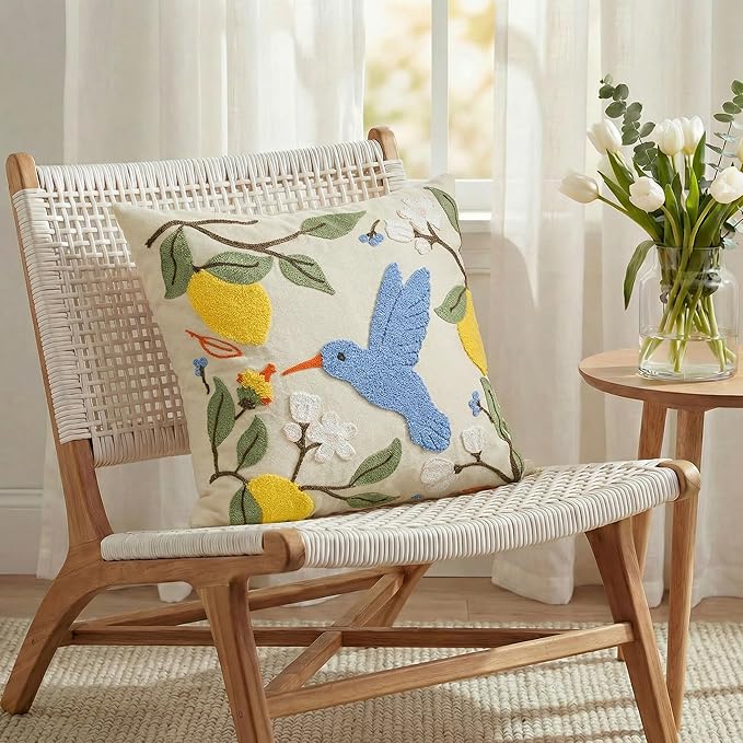 AVOIN colorlife Floral Lemon Hummingbird Embroidered Throw Pillow Cover, 18 x 18 Inch Holiday Flowers Spring Summer Decorative Tufted Patterned Linen Cushion Case for Sofa Couch