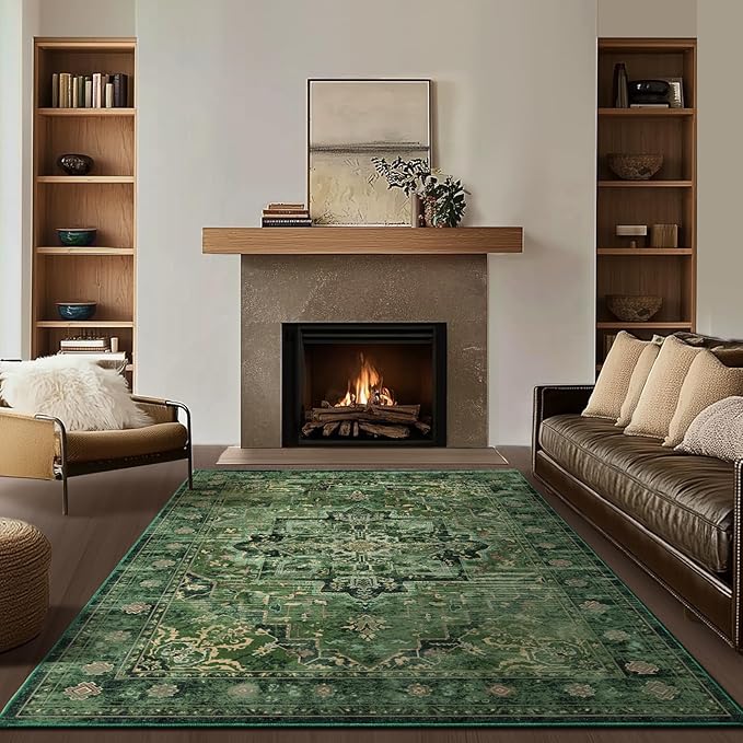 Green Medallione 6x8 Area Rugs for Living Room, Low Pile Thin Washable Non Slip Rugs for Bedroom Dining Room, Vintage Distressed Carpet for Home Office Guest Room