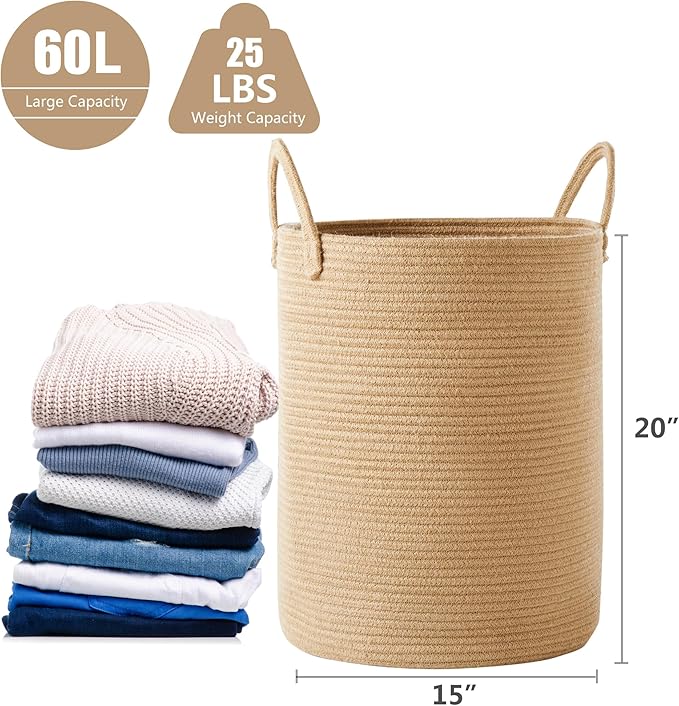 60L Jute Woven Hamper Laundry Basket Wicker Rope Clothes Hamper for Baby Nursery Kids Tall Rattan Blanket Basket in Living Room Bedroom 15Dx20H inches