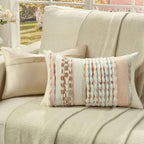 FUTEI Grey Blue Coral Accent Throw Pillow Covers Set of 2, 12x20 Inch Plush Tufted Striped Textured Decorative Pillow Cases for Farmhouse Boho Couch Decor