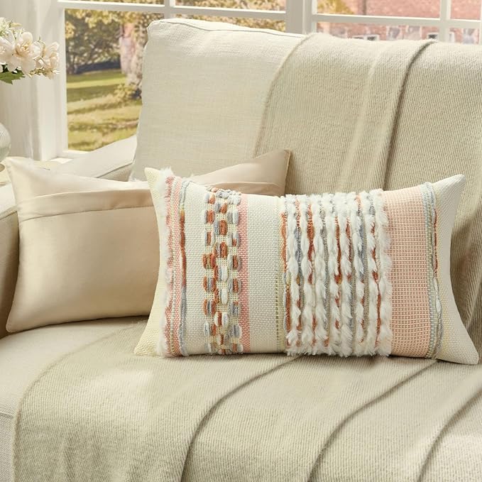 FUTEI Grey Blue Coral Accent Throw Pillow Covers Set of 2, 12x20 Inch Plush Tufted Striped Textured Decorative Pillow Cases for Farmhouse Boho Couch Decor