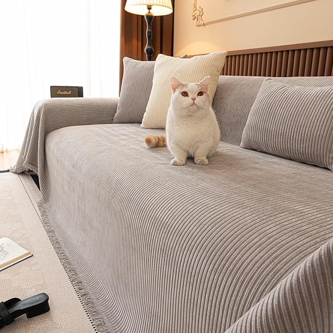 ROOMLIFE Sofa Cover, Boho Couch Cover for 3 Cushion Sofa, Non Slip Chenille Sofa Slipcovers for Dog, Washable Furniture Sofa Protector Cover with Tassel for Living Room, 71''X150”