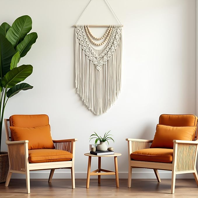 guzhiou Macrame Wall Hanging Boho Geometric Woven Tapestry Cotton Handmade Bohemian Art Decor with Wood Bead Wall Decor for Bedroom Living Room Apartment Nursery 31.5" L x 17" W (Wood bead-B)