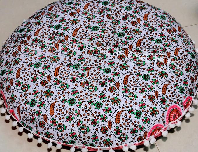 CRAFT KALA Round Mandala Meditation Cushion Cover, Floor Pillow or Cushions Cover, Yoga Seat Cover Seating Poufs Cover for Living Room 32", Musturd Mirchi