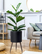 D'vine Dev 12 Inch Modern Geometric Tile Patterned Sleek Planter Pot with Stand, Indoor Outdoor Decorative Plant Holder, Matte Black, 88-Z-C-2