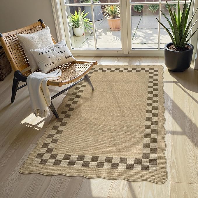 LIVEBOX Scalloped Easy Jute Checkered 3x5 Outdoor Rug, Washable Non-Slip Tan Rugs for Entryway, Geometric Indoor Outdoor Rug Farmhouse Boho Carpet Door Mat for Patio Porch Bedroom Living Room Modern