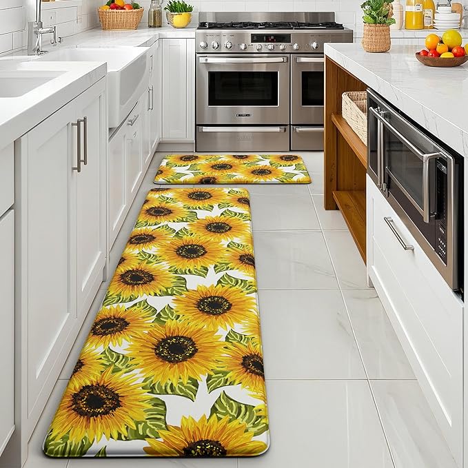 MAYHMYO Sunflower Kitchen Mat Set of 2 - Anti Fatigue Mats for Kitchen Floor - Non Slip Cushioned Rugs for Standing - Sunflower Decor (17.3"×29"+17.3"×47"-0.4")