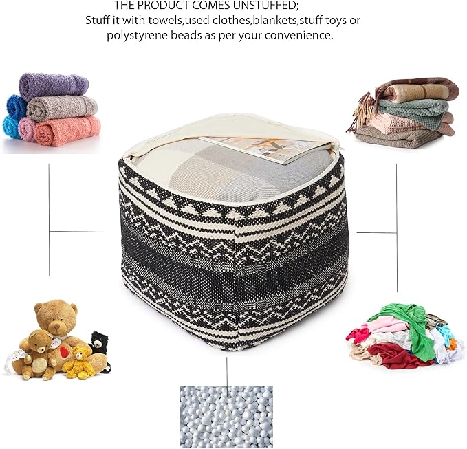 REDEARTH · UNSTUFFED Pouf Ottoman Cover Textured Storage Cube Bean Bag Poof Pouffe Footrest for Living Room, Bedroom, Patio, Gym; 100% Cotton (18"X18"X18", Ziggurat Obsession Black)
