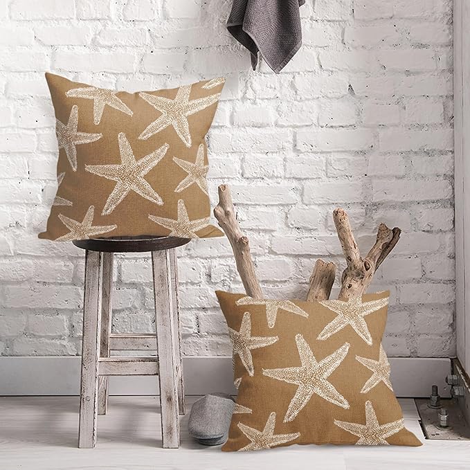 Kawani Tan Brown Starfish Ocean Pillow Covers 16X16 Inch Summer Nautical Coastal Beach Decorative Pillow Cases Set of 2 Cotton Linen Throw Pillows Seasonal Home Decor for Sofa Couch Cushion Outdoor
