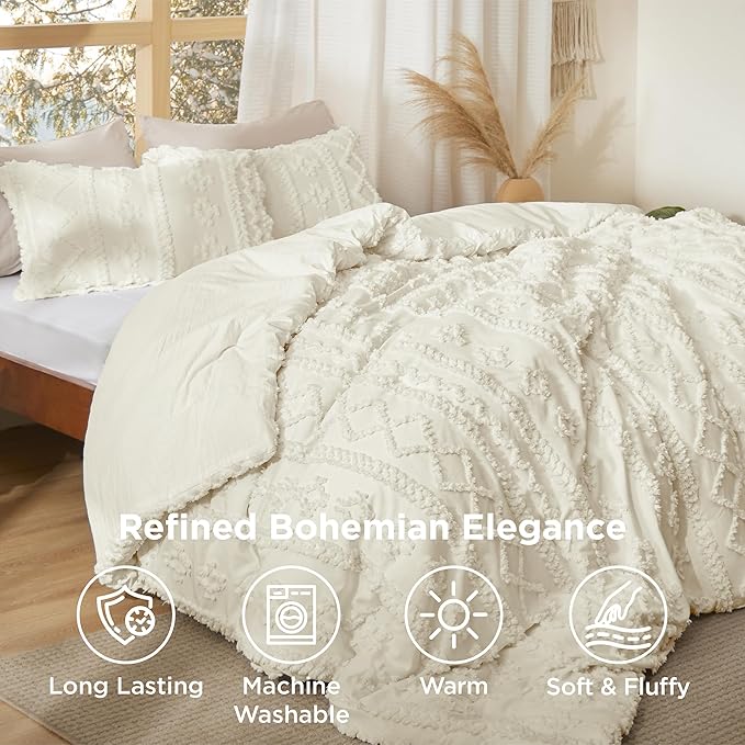 Bedsure Tufted Boho Comforter Set Twin Size - Ivory Boho Bed Set, GentleSoft™ 2 Pieces Farmhouse Shabby Chic Embroidery Bedding, Gifts for Woman, Soft Jacquard Twin Comforter for All Seasons