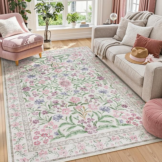 Lahome Sylvie Boho Purple Floral 5x7 Area Rugs, Washable Rugs for Bedroom Nursery Decor, Soft Non-Slip Lavender Carpet for Kids Room Girls Playroom Living Room, Pale Lilac/Pink