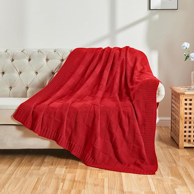 CozeCube Check Knit Throw Blanket, Christmas Red Checkered Bedroom Blanket for Couch, Soft Cozy Warm Knitted Blanket for Bed Sofa Living Room, Decorative Spring Fall Throw Blanket, 60"X80"