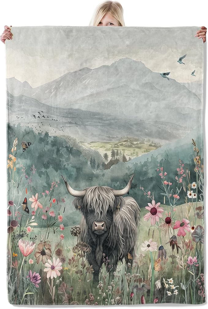 Highland Cow Flannel Blanket 50x60in,Watercolor Floral Cow in Meadow with Mountain Landscape,Soft Lightweight Throw for Cow Lovers,Women,Farmhouse,Rustic Home Decor Gifts Blankets