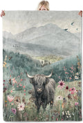 Highland Cow Flannel Blanket 50x60in,Watercolor Floral Cow in Meadow with Mountain Landscape,Soft Lightweight Throw for Cow Lovers,Women,Farmhouse,Rustic Home Decor Gifts Blankets